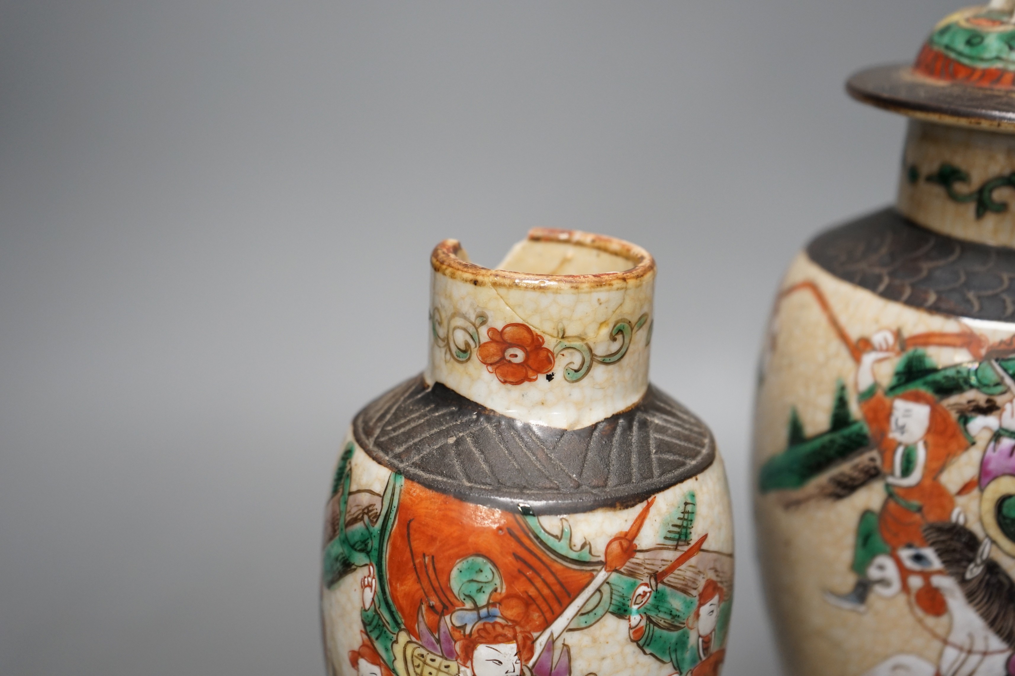 Three Chinese crackle glaze 'warrior' vases, late 19th/early 20th century 30cm